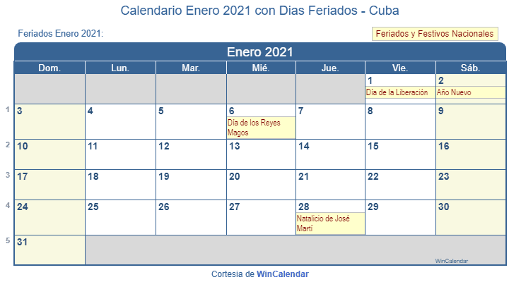 Calendario Enero 2021 Para Imprimir Cuba
