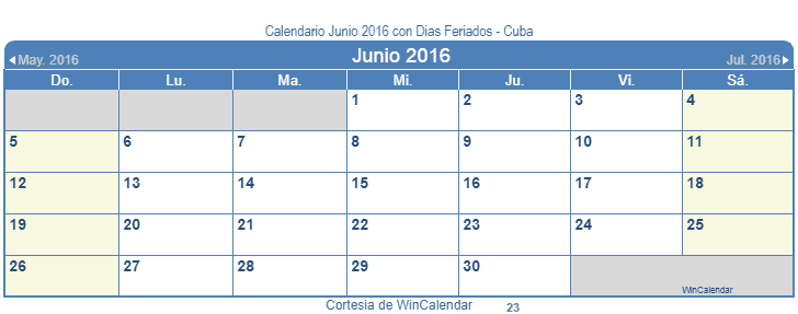 Calendario Cuba Junio 2016 en formato de imagen para usarlo como un calendario imprimible.