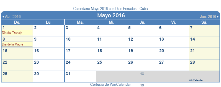 Calendario Cuba Mayo 2016 en formato de imagen para usarlo como un calendario imprimible.