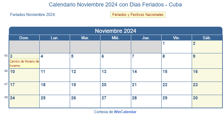 Calendario Cuba Noviembre 2024 en formato de imagen para imprimir.