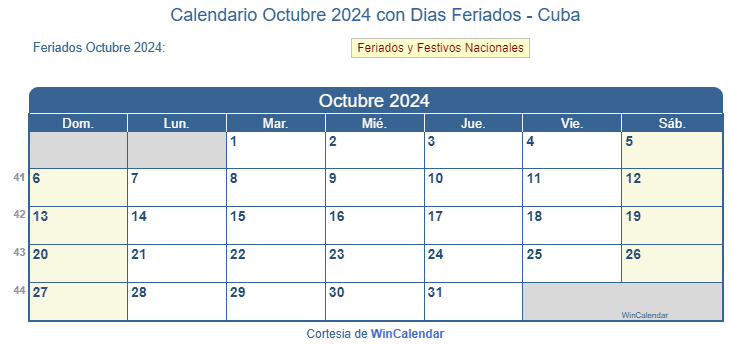 Calendario Cuba Octubre 2024 en formato de imagen para imprimir.