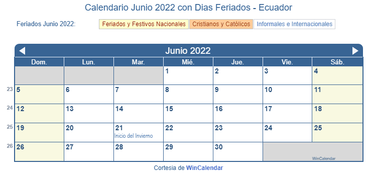 Calendario Ecuador Junio 2022 en formato de imagen para imprimir.
