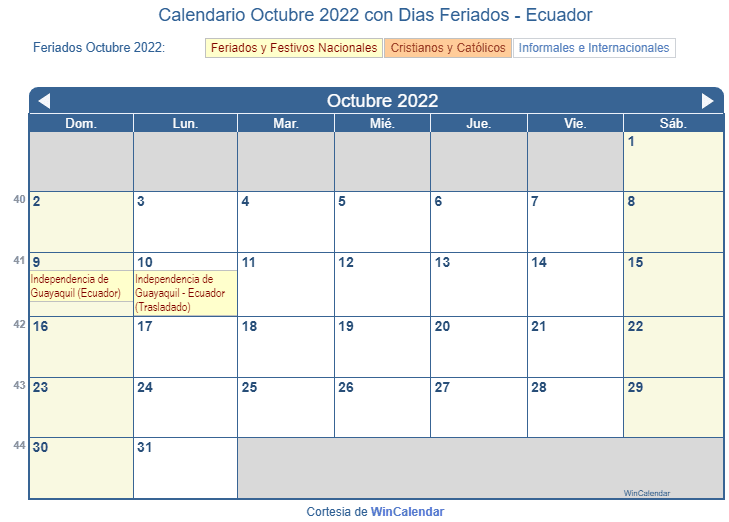 Calendario Ecuador Octubre 2022 en formato de imagen para imprimir.