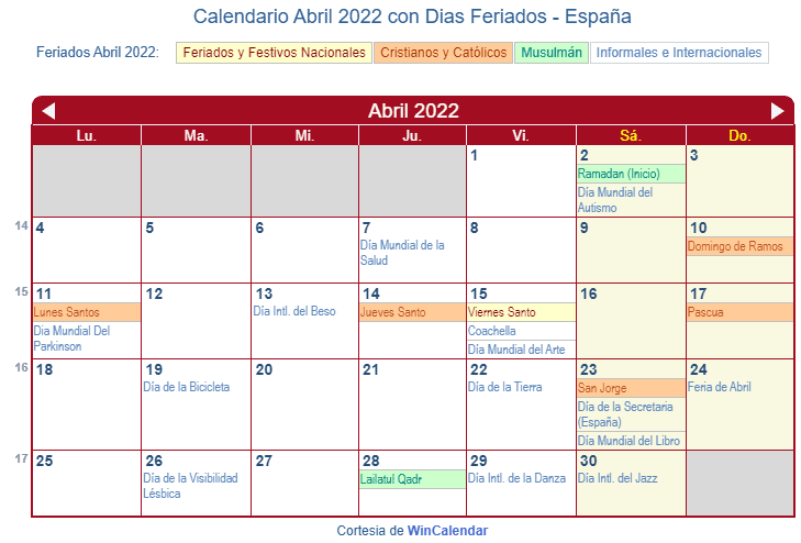 Calendario España Abril 2022 en formato de imagen para imprimir.