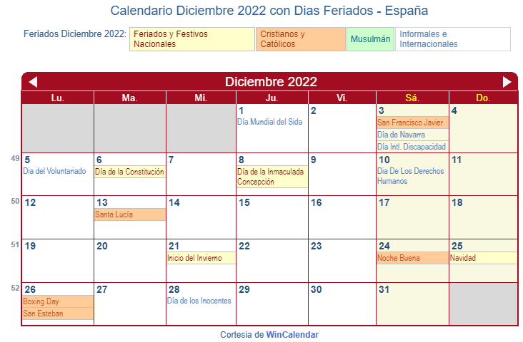 Calendario España Diciembre 2022 en formato de imagen para imprimir.