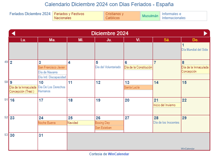 Calendario España Diciembre 2024 en formato de imagen para imprimir.