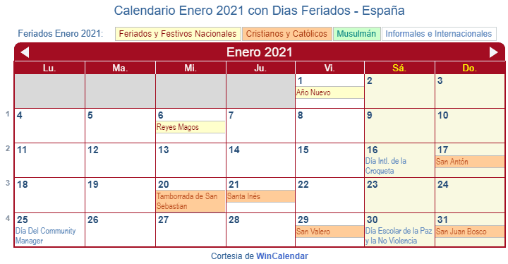 Calendario España Enero 2021 en formato de imagen para imprimir.