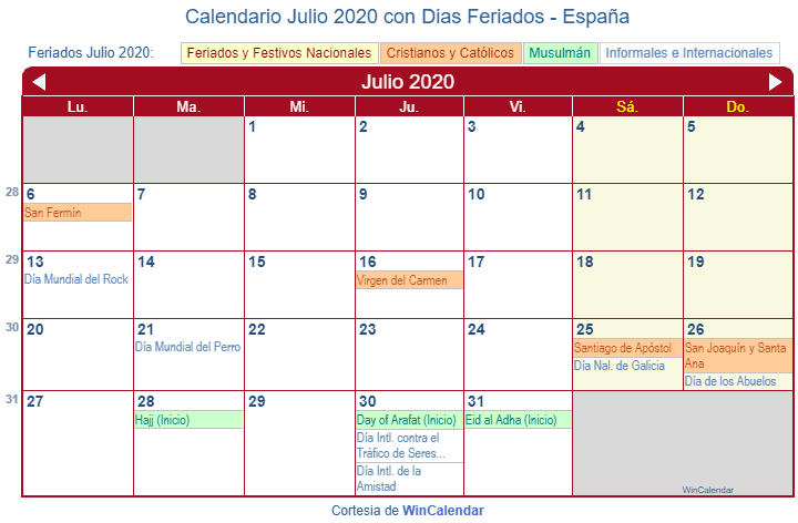 Calendario Julio 2020 Para Imprimir España