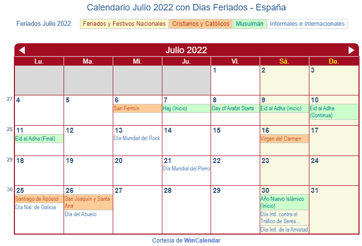 Calendario España Julio 2022 en formato de imagen para imprimir.