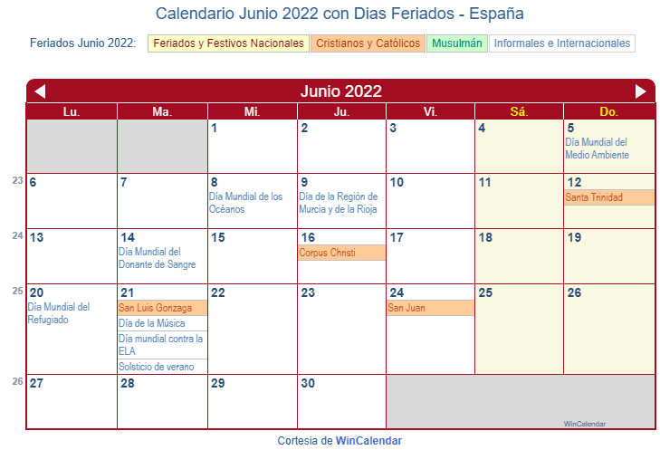 Calendario España Junio 2022 en formato de imagen para imprimir.