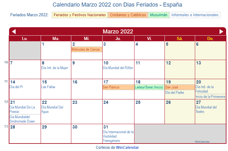 Calendario España Marzo 2022 en formato de imagen para imprimir.