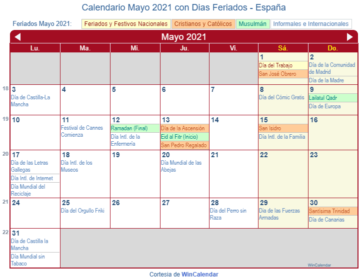 Calendario Mayo 2021 Con Festivos
