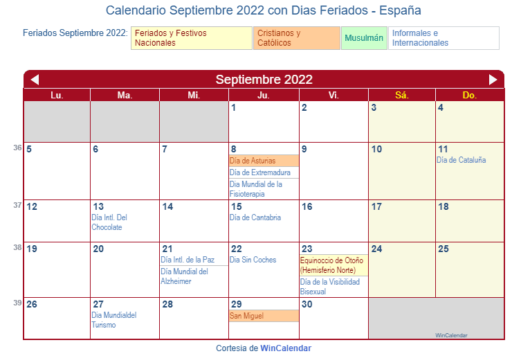 Calendario España Septiembre 2022 en formato de imagen para imprimir.