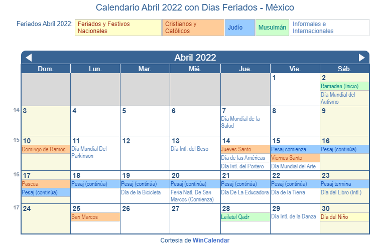 Calendario Méxicano Abril 2022 en formato de imagen para imprimir.