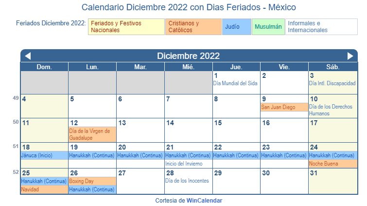 Calendario Méxicano Diciembre 2022 en formato de imagen para imprimir.