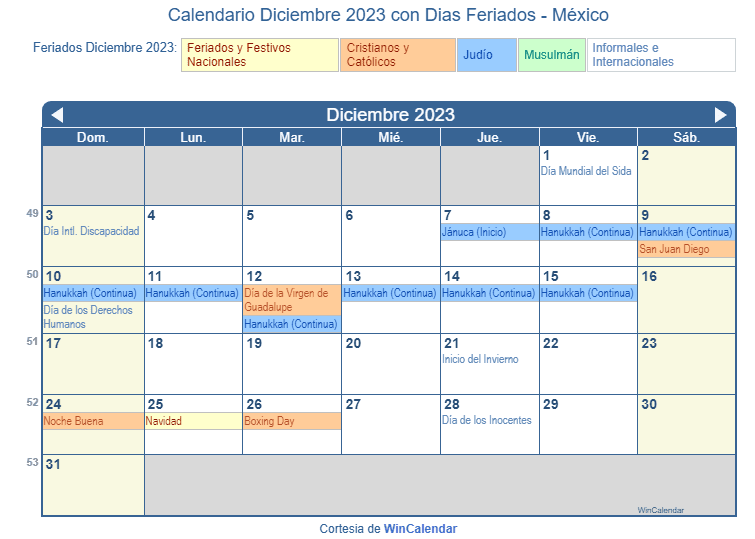 Calendario Méxicano Diciembre 2023 en formato de imagen para imprimir.
