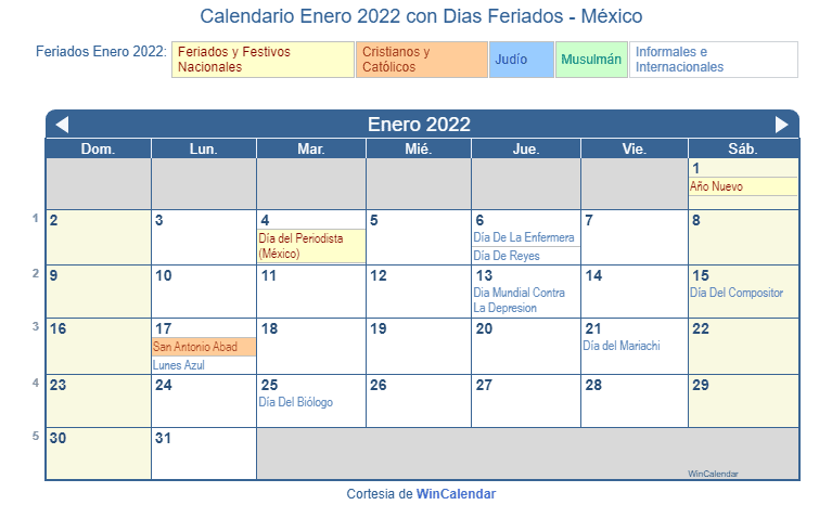 Calendario Méxicano Enero 2022 en formato de imagen para imprimir.