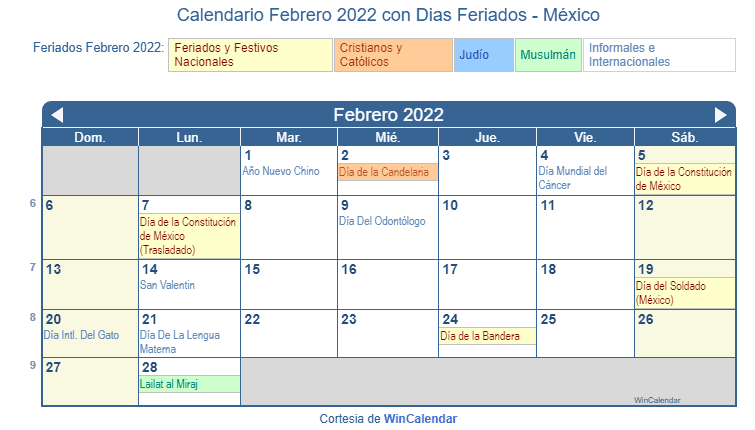 Calendario Méxicano Febrero 2022 en formato de imagen para imprimir.