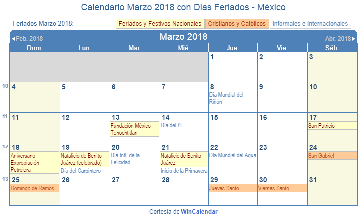 Calendario Méxicano Marzo 2018 en formato de imagen para imprimir.