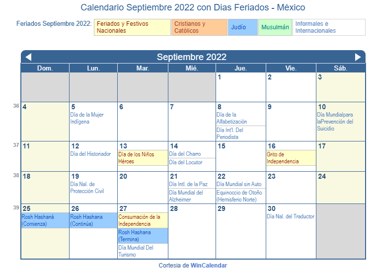 Calendario Méxicano Septiembre 2022 en formato de imagen para imprimir.