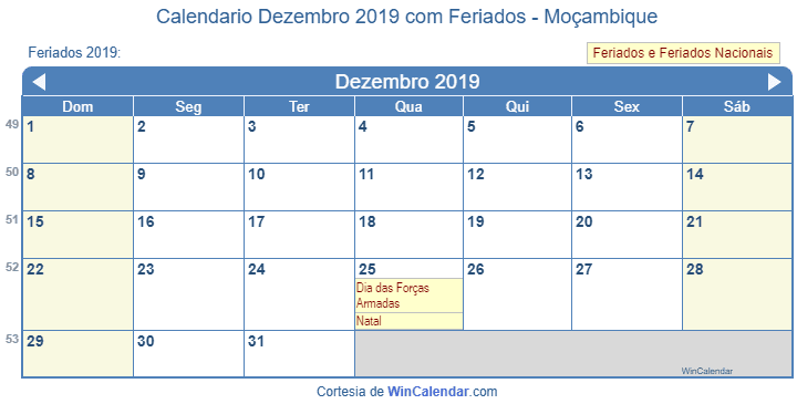 Quais os feriados em dezembro 2019