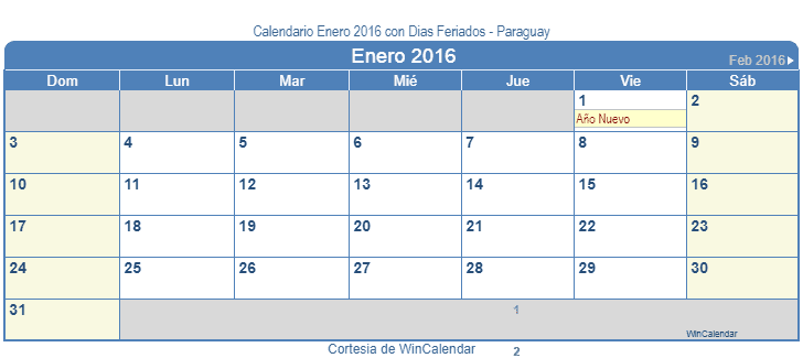 Calendario 2016 Paraguay Descarga E Imprime Ahora 0193