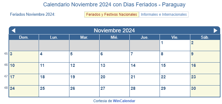 Calendario Paraguay Noviembre 2024 en formato de imagen para imprimir.
