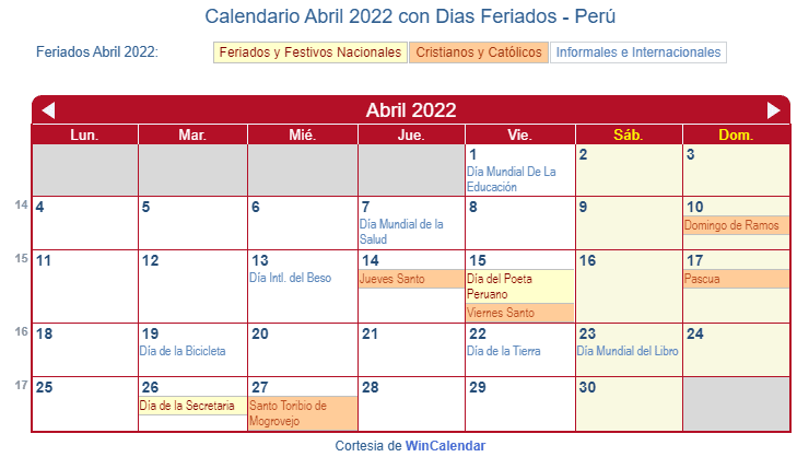 Calendario Peruano Abril 2022 en formato de imagen para imprimir.