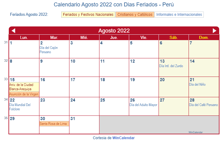 Calendario Peruano Agosto 2022 en formato de imagen para imprimir.