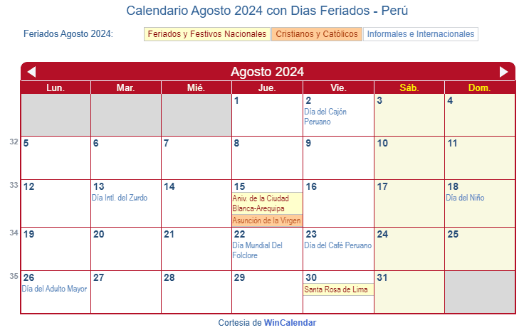 Calendario Peruano Agosto 2024 en formato de imagen para imprimir.
