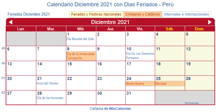 Calendario Peruano Diciembre 2021 en formato de imagen para imprimir.
