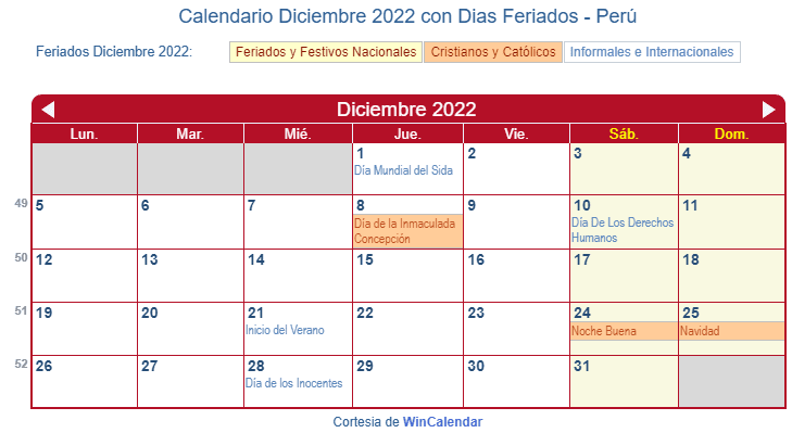 Calendario Peruano Diciembre 2022 en formato de imagen para imprimir.