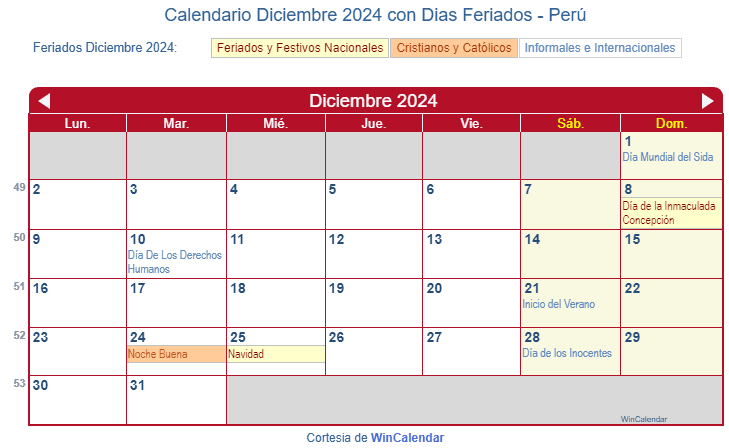 Calendario Peruano Diciembre 2024 en formato de imagen para imprimir.