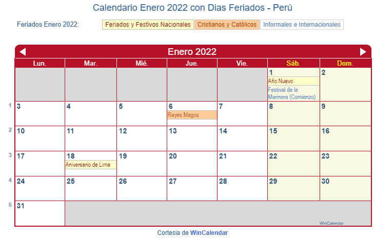 Calendario Peruano Enero 2022 en formato de imagen para imprimir.