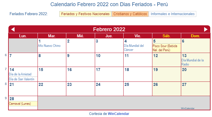 Calendario Peruano Febrero 2022 en formato de imagen para imprimir.