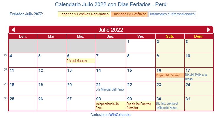 Calendario Peruano Julio 2022 en formato de imagen para imprimir.