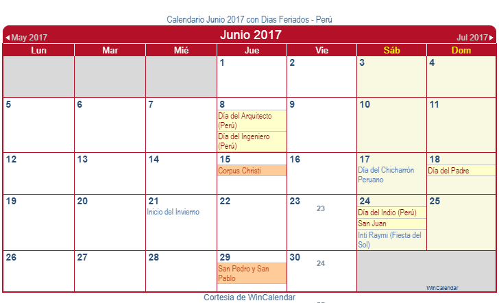 Calendario Peruano Junio 2017 en formato de imagen para usarlo como un calendario imprimible.