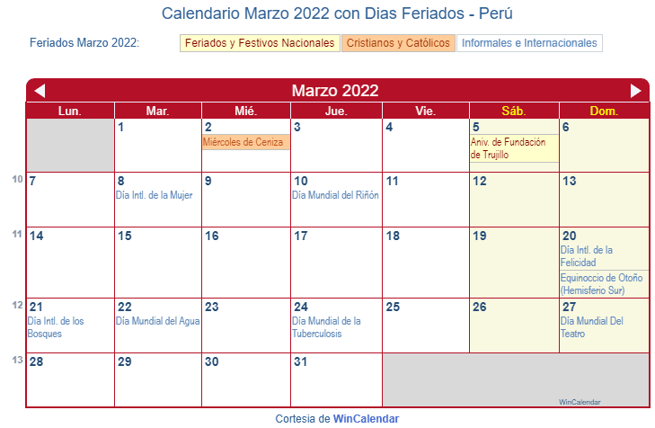 Calendario Peruano Marzo 2022 en formato de imagen para imprimir.
