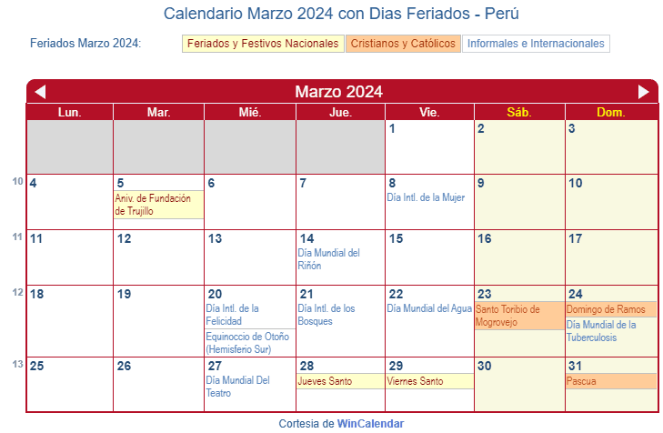 Calendario Peruano Marzo 2024 en formato de imagen para imprimir.