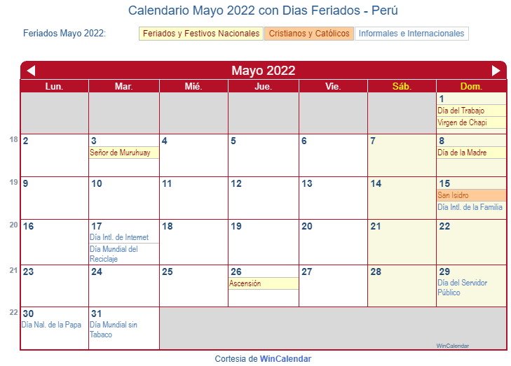 Calendario Peruano Mayo 2022 en formato de imagen para imprimir.