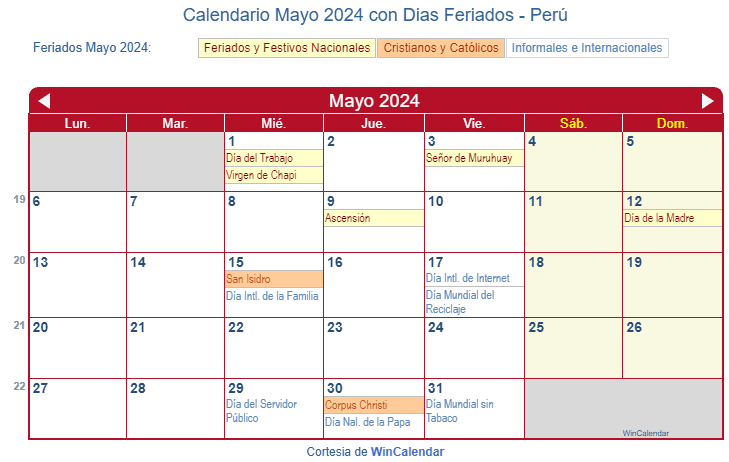 Calendario Peruano Mayo 2024 en formato de imagen para imprimir.