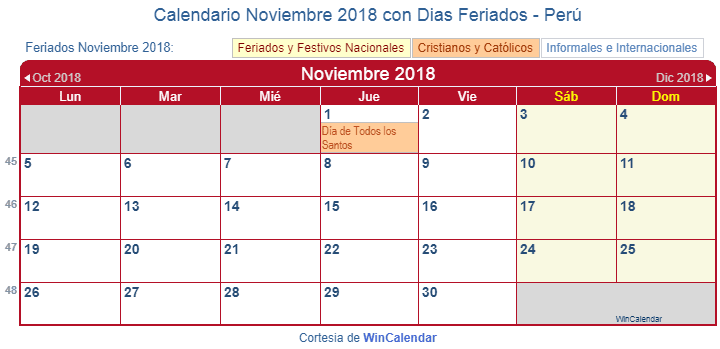 Calendario Peruano Noviembre 2018 en formato de imagen para imprimir.
