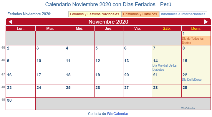 Calendario Noviembre 2020 Para Imprimir Perú