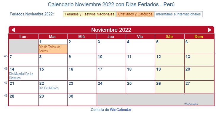 Calendario Peruano Noviembre 2022 en formato de imagen para imprimir.