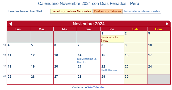 Calendario Peruano Noviembre 2024 en formato de imagen para imprimir.