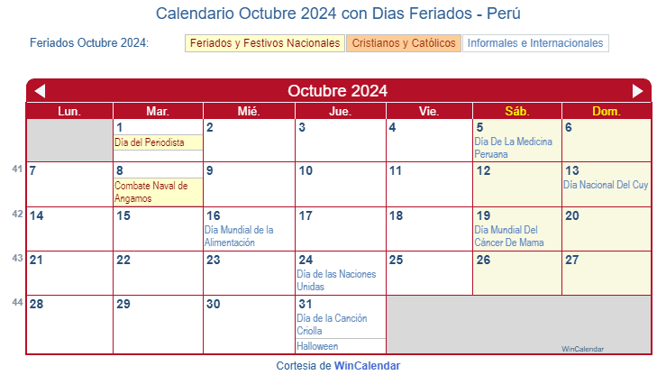 Calendario Peruano Octubre 2024 en formato de imagen para imprimir.