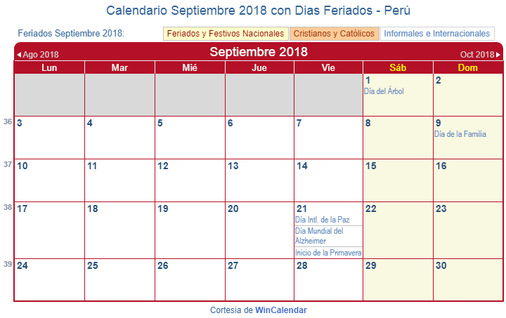 Calendario Peruano Septiembre 2018 en formato de imagen para imprimir.