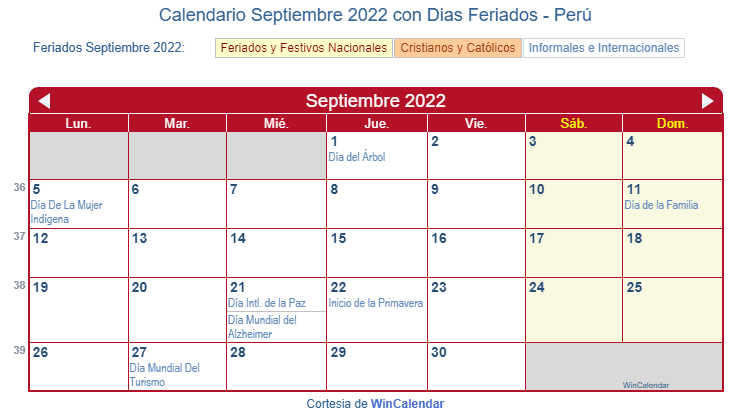 Calendario Peruano Septiembre 2022 en formato de imagen para imprimir.