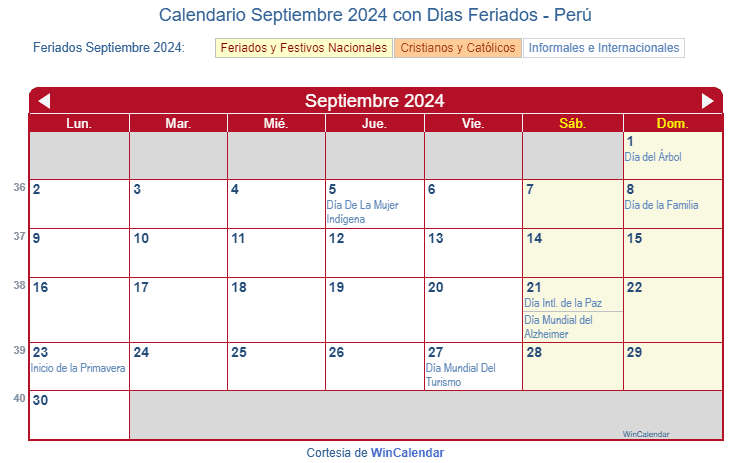 Calendario Peruano Septiembre 2024 en formato de imagen para imprimir.