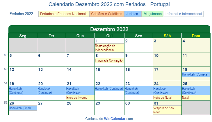 Calendário português de Dezembro de 2022 em formato de imagem para impressão.